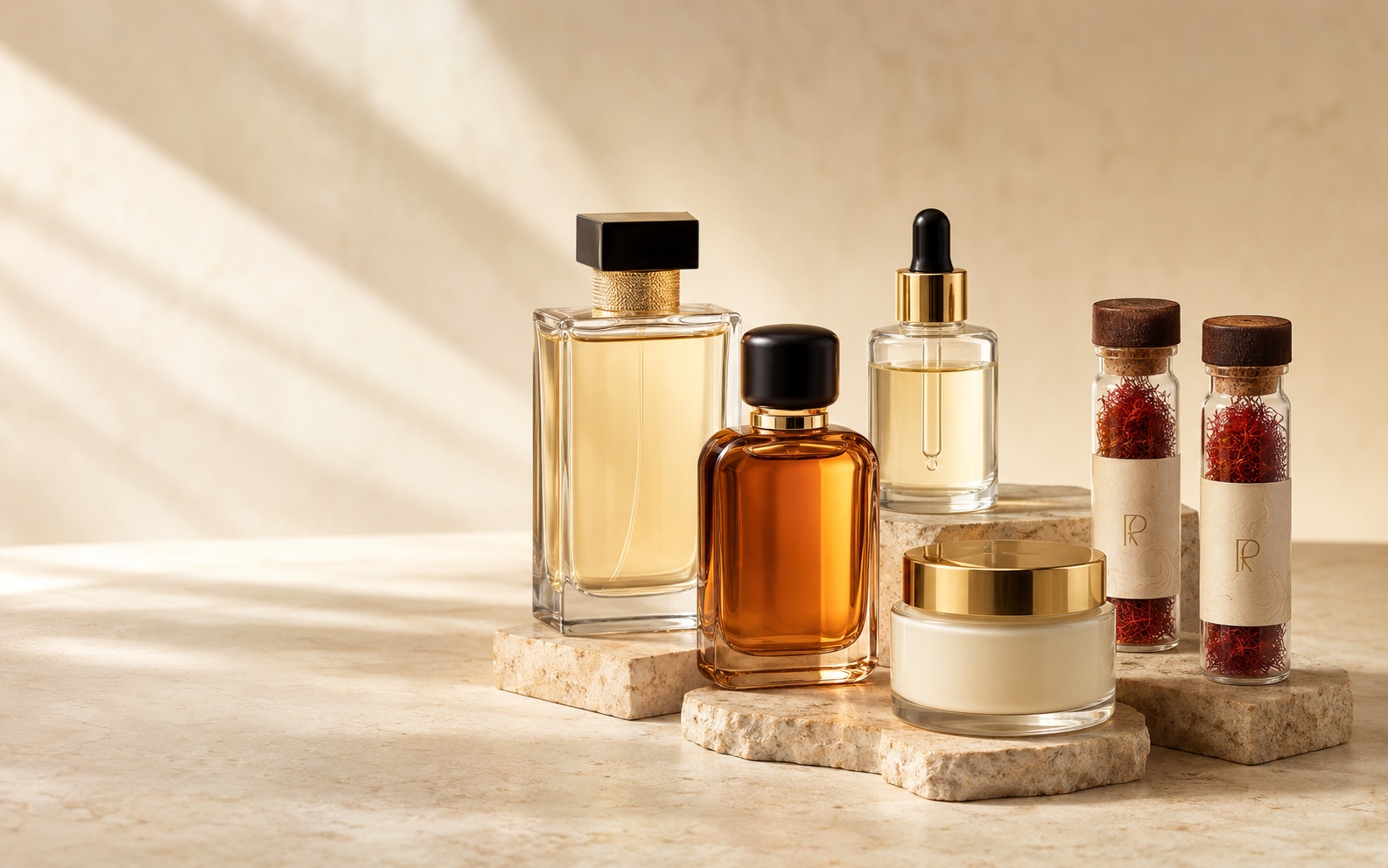 Branded fragrances, premium cosmetics and saffron bottles
